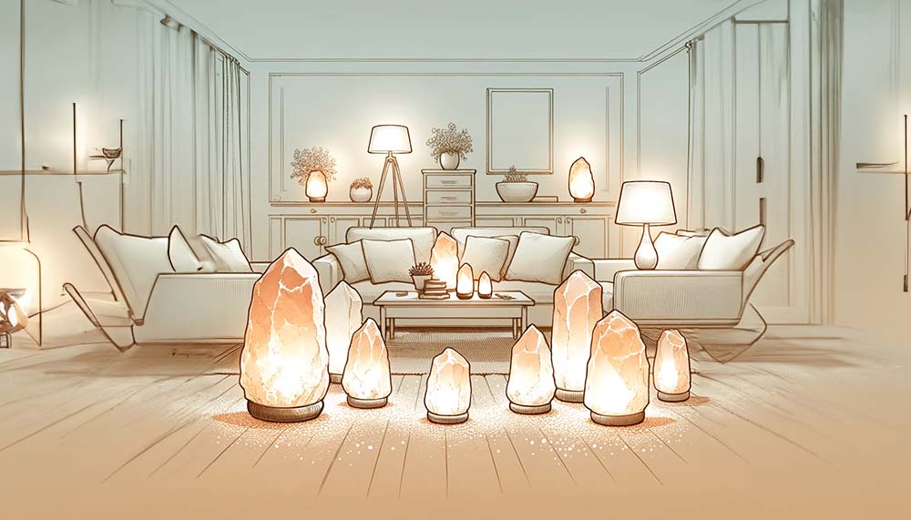 Cozy living room with glowing crystal lamps illustration.