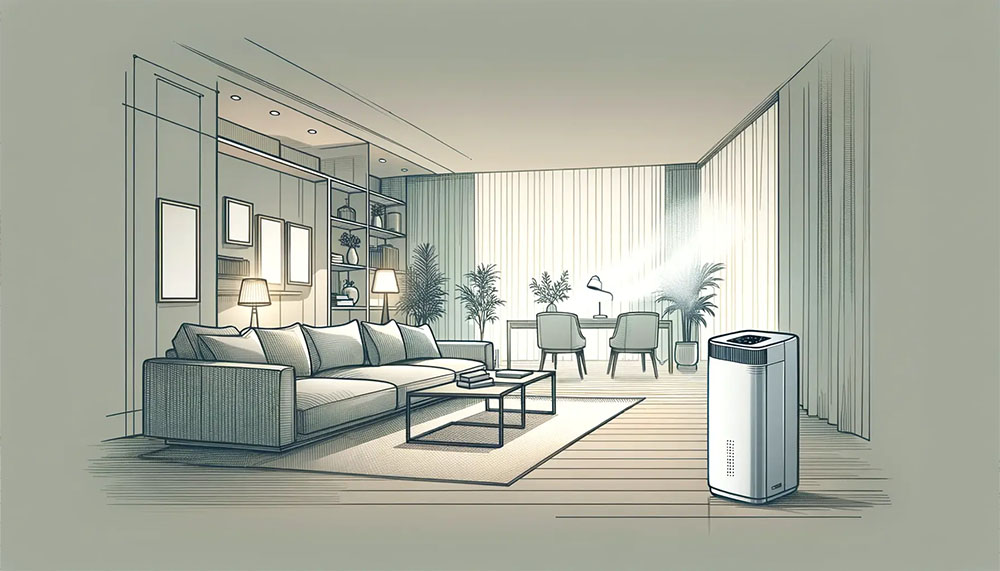 Modern living room illustration with air purifier.