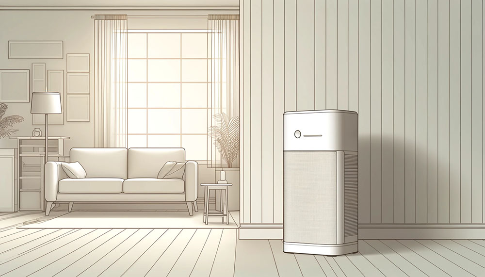 Illustration of modern living room with air purifier.