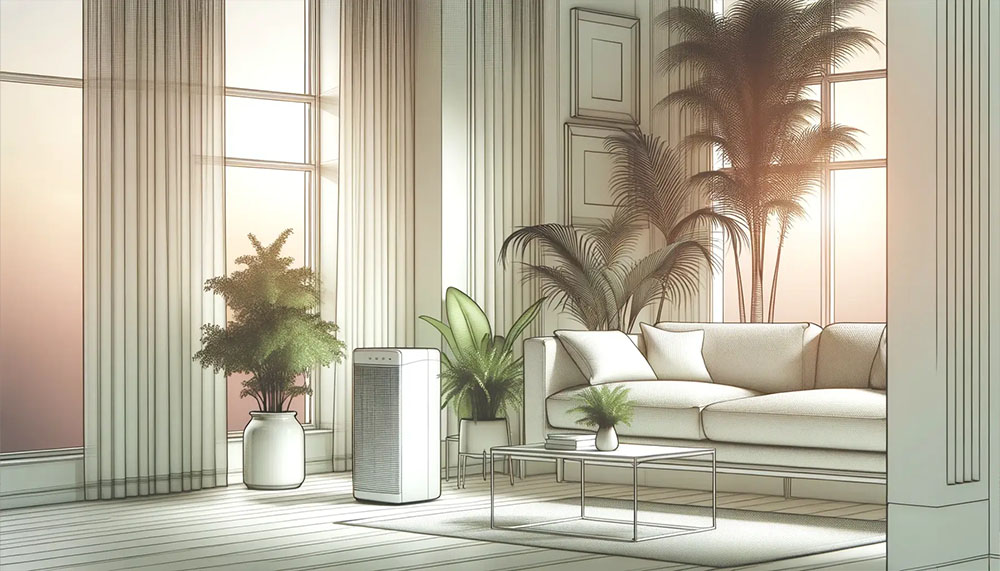 Sunlit modern living room with indoor plants and white sofa.