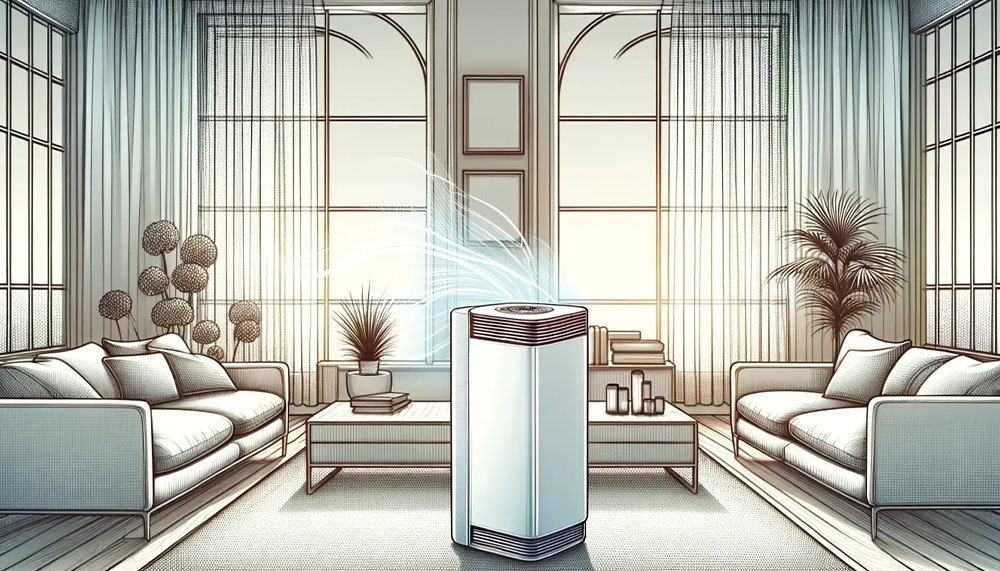 Modern living room with air purifier illustration.