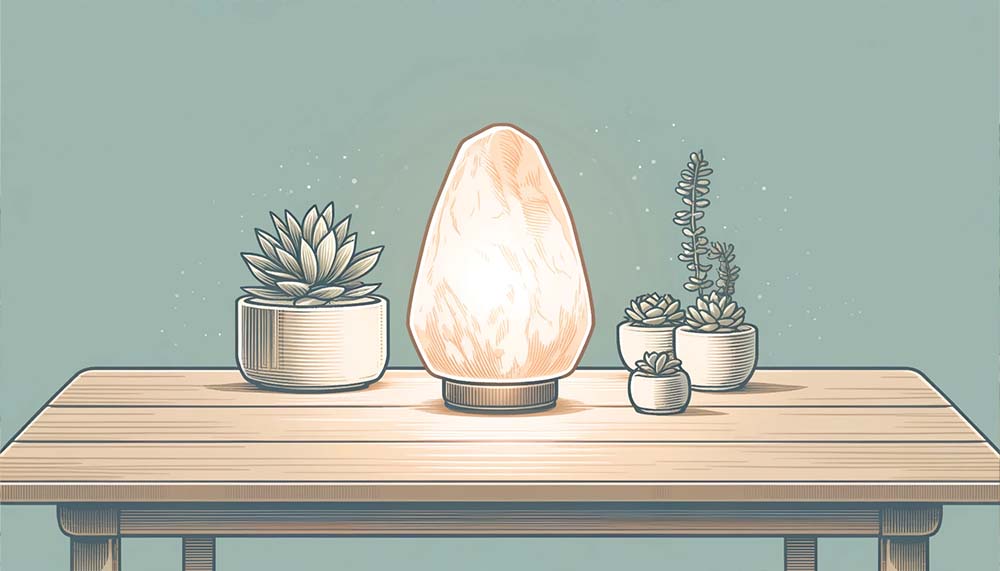 Salt lamp and succulents on wooden table.