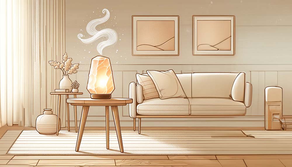 Cozy living room with salt lamp and sofa illustration.