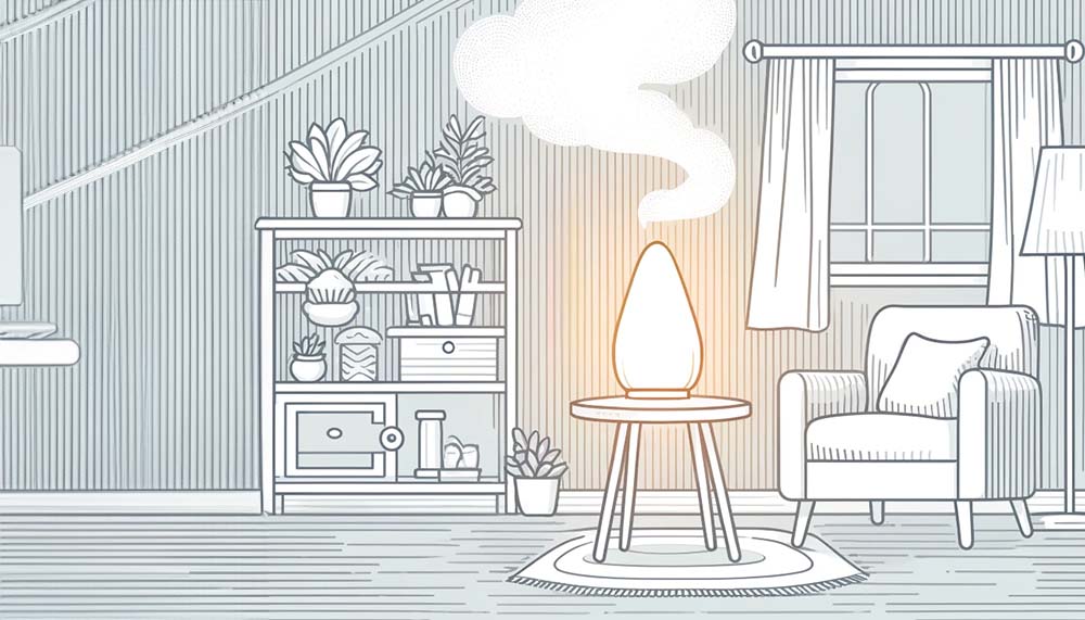 Cozy illustrated living room interior with plants and humidifier.