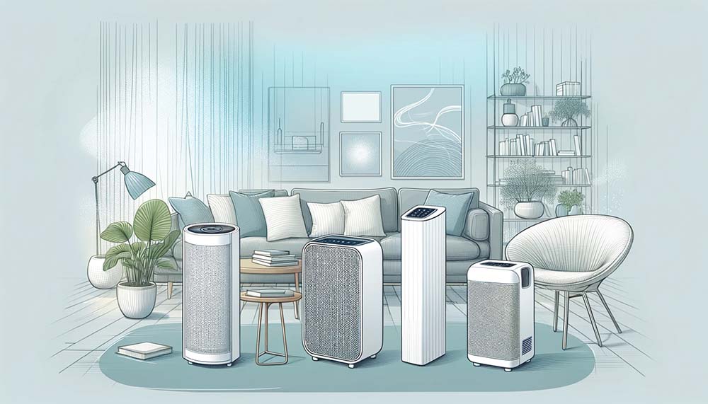 Modern living room with air purifiers and stylish furniture.