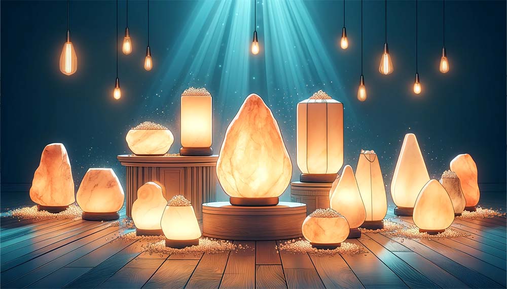 Illuminated salt lamps on wooden floor with hanging bulbs.