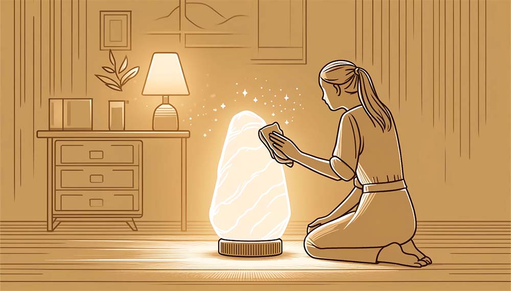 Woman interacting with glowing salt lamp in cozy room.