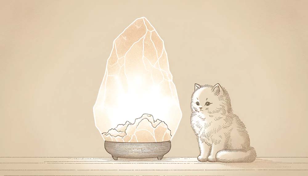 kitten next to a salt lamp