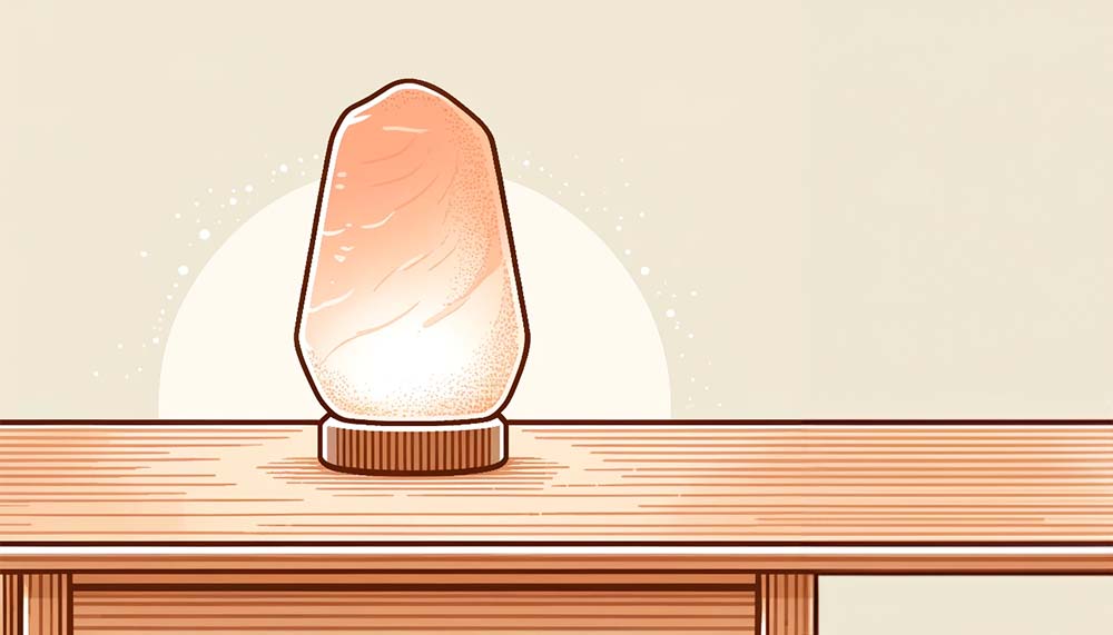 Illustrated salt lamp on wooden table.