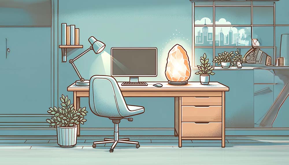 Modern home office interior with salt lamp, computer and plants.