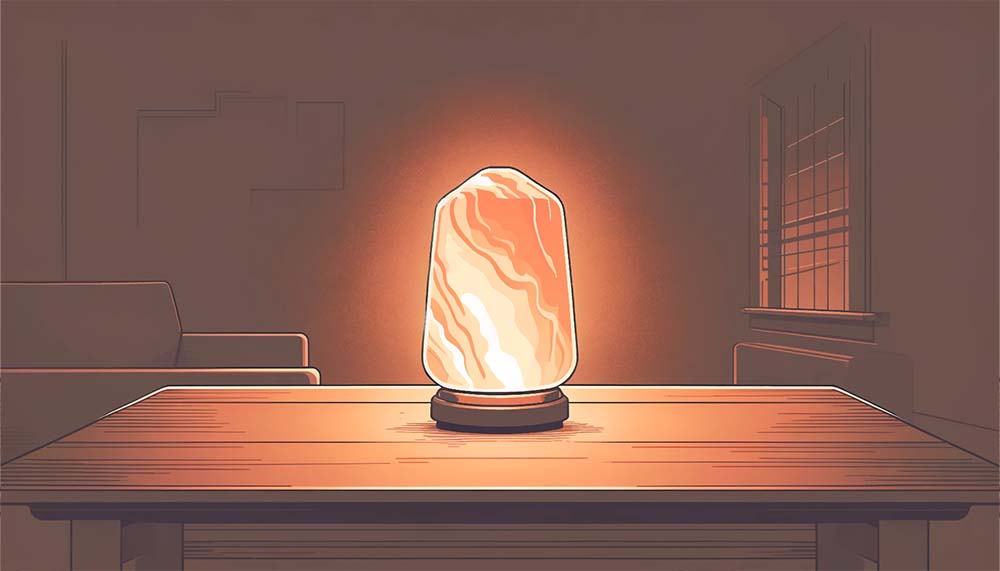 Illuminated salt lamp on table in cozy room.