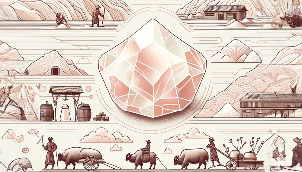 Illustrative Asian countryside landscape with gemstone overlay.