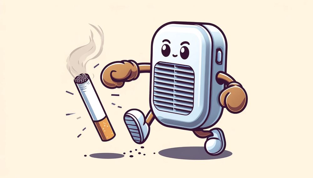 cartoony image of an air purifier punching a cigarrette