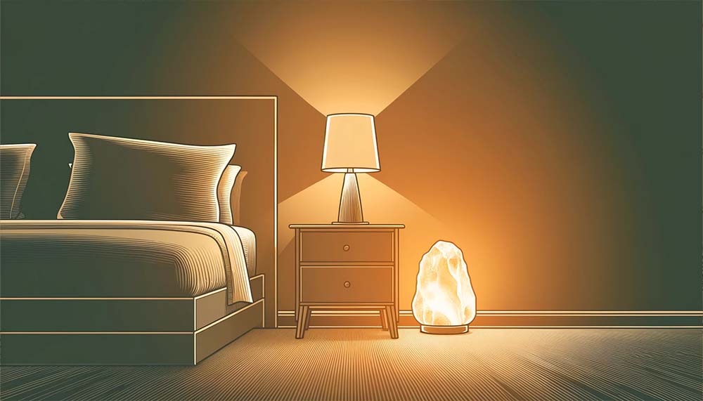 Cozy bedroom with lamp and salt rock light.