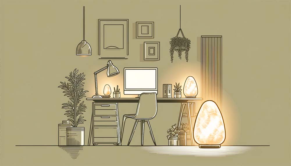 Cozy home office with desk, computer, lamp, and plants.