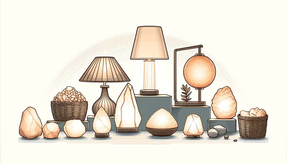 Variety of salt lamps and table lamps illustration.