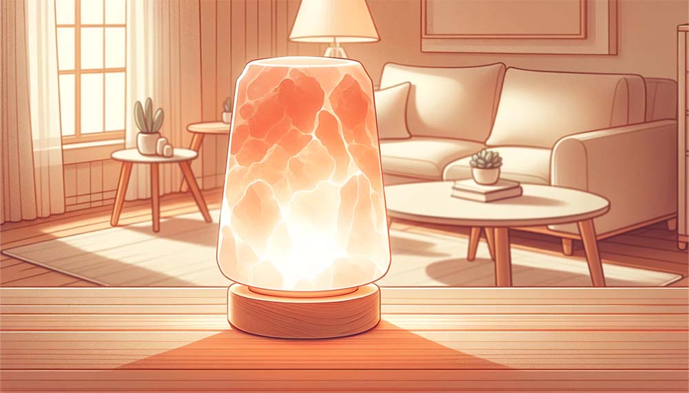 Cozy room with glowing salt lamp on table.