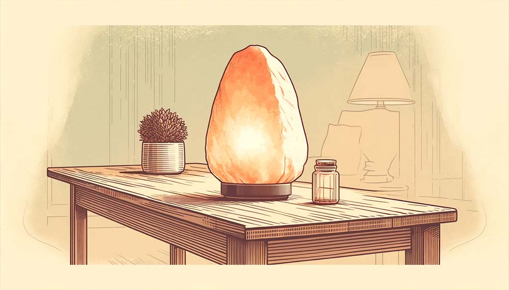 Cozy interior with Himalayan salt lamp on wooden table.