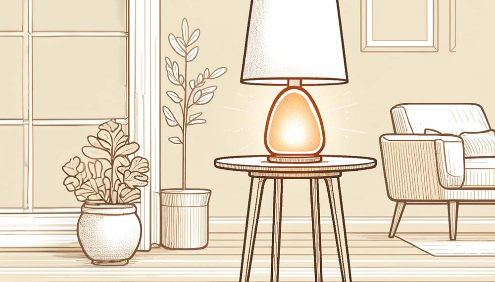 Cozy home interior with lit table lamp and plants.