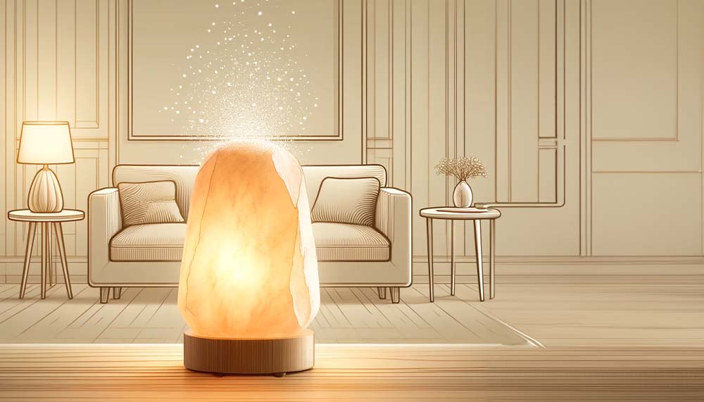 Illuminated salt lamp in cozy living room setting.