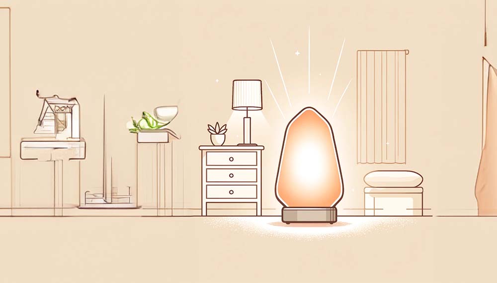 Illustrated cozy room with glowing salt lamp.