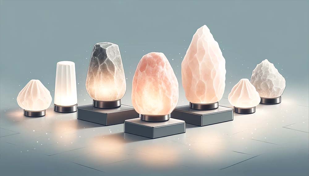 Variety of lit salt crystal lamps on display.