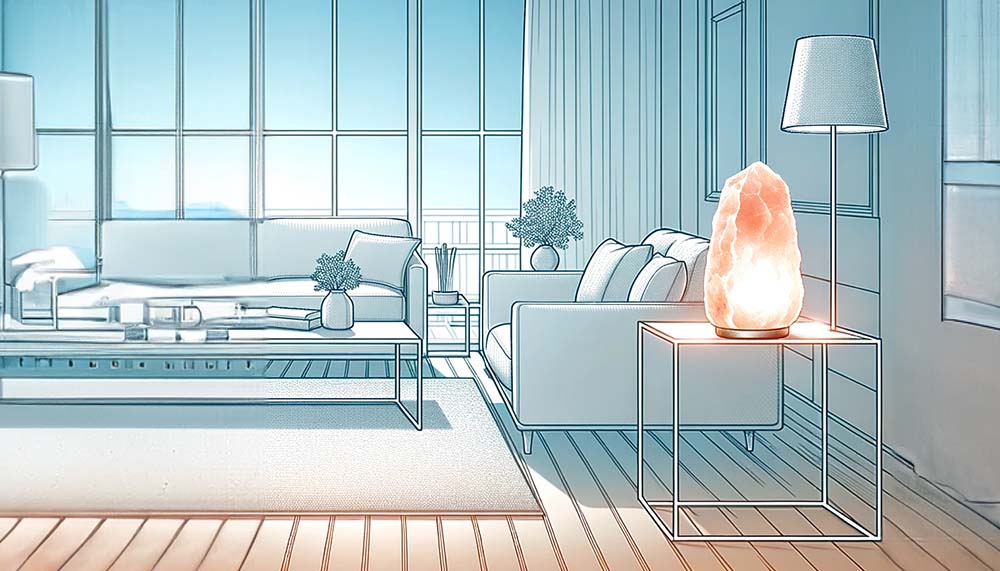 Modern living room with Himalayan salt lamp.