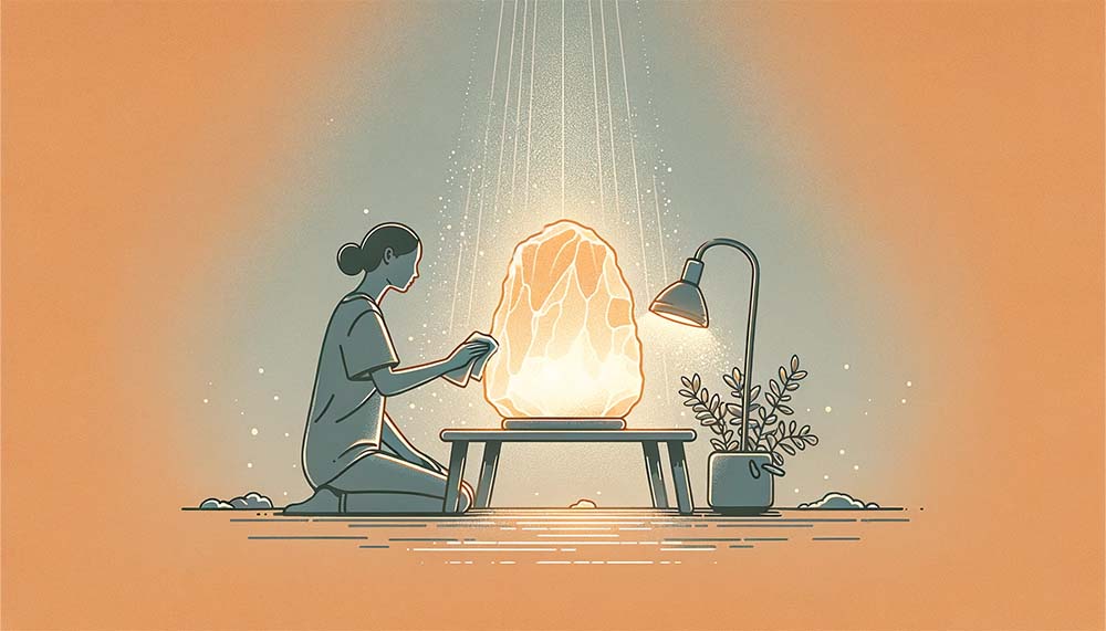 Person meditating by glowing crystal and plant.