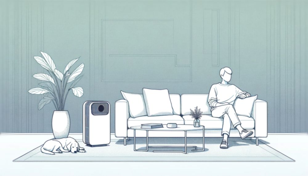 person in living room with a dog and an air purifier