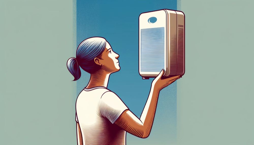 woman holding and looking closely at an air purifier