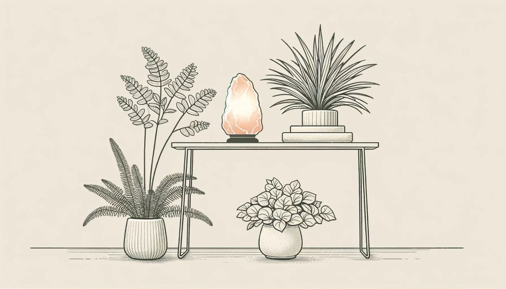 plants and a salt lamp near a table