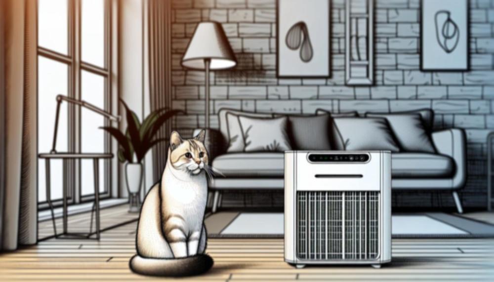 cat next to an air purifier